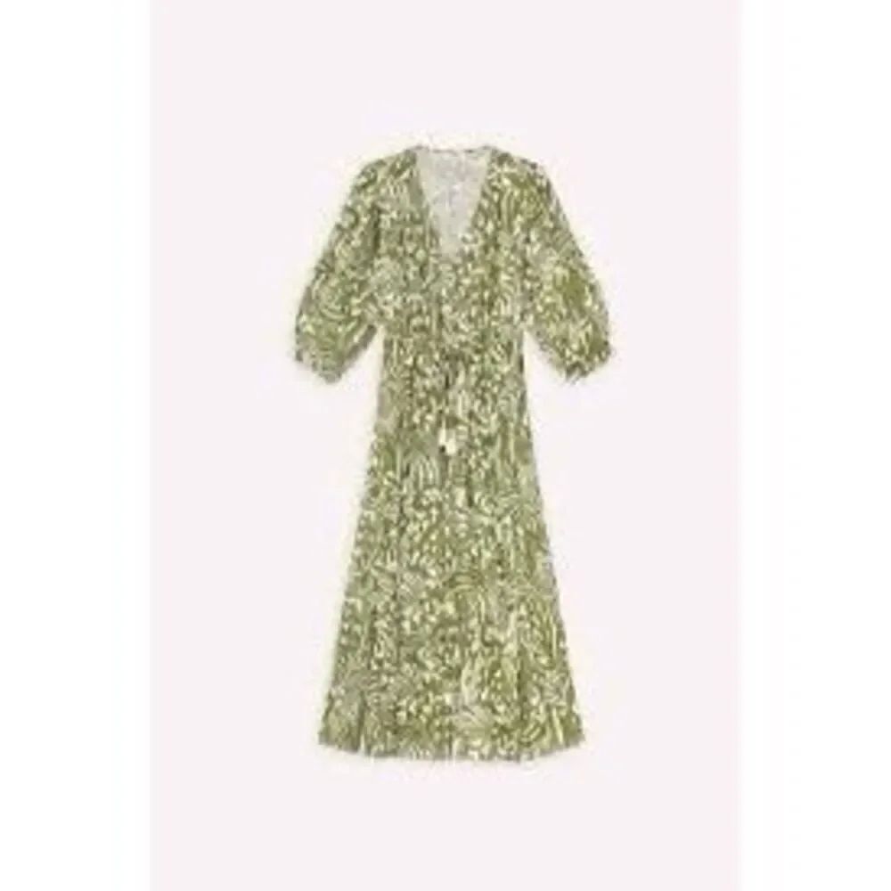 Suncoo Olive Green Cream Linen Mix Chafia Leaf Print Midi Dress Size Medium NWOT